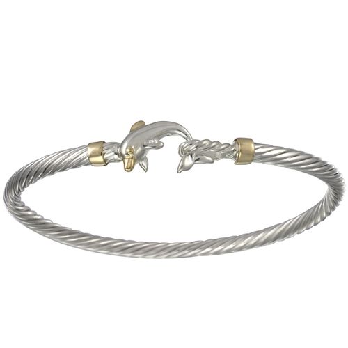 Two Tone Dolphin Cable Hook Bracelet - Silver 14K Gold Wraps 3.5mm 6.5 Inch