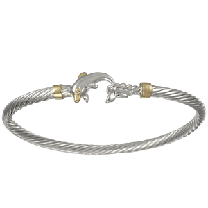 Two Tone Dolphin Cable Hook Bracelet - Silver 14K Gold Wraps 3.5mm 7.5 Inch