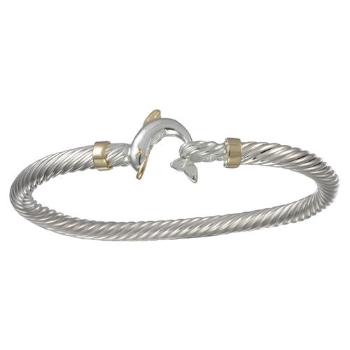 Two Tone Dolphin Cable Hook Bracelet - Sterling Silver 14K Gold Wraps 5mm 8 Inch