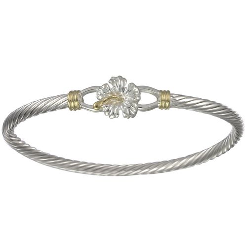 Two Tone Hibiscus Cable Hook Bracelet - Silver & 14K 3.5mm 6.5 Inch
