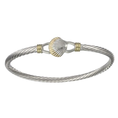 Two Tone Scallop Cable Hook Bracelet - Silver & 14K 3.5mm 7.5 Inch