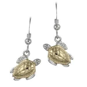 Two Tone Turtle Earrings - Sterling Silver & 14K Yellow Gold