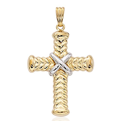 Two-Tone V Lined Cross Pendant - 14K Yellow Gold and White Gold