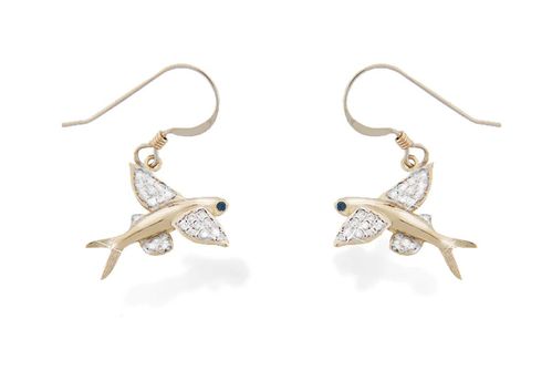 Vanmark Ladies Gold and Diamond Flying Fish Dangle Earrings - ER060-1