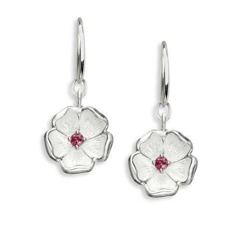 White Cherokee Rose Wire Earrings, Sterling Silver-Ruby - NW0022XC