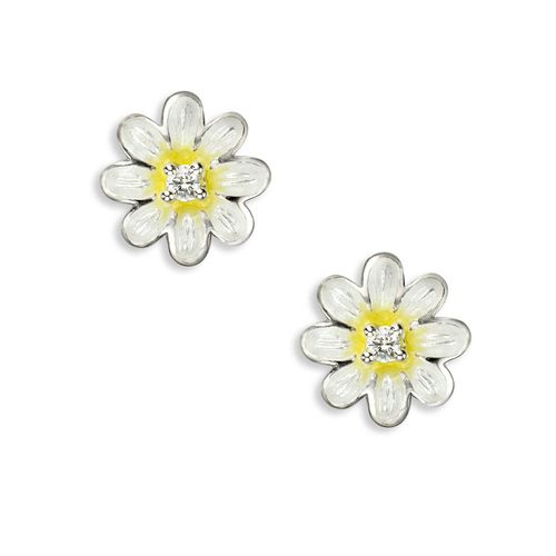 White Daisy Stud Earrings Sterling Silver-White Sapphires - NE0045YA