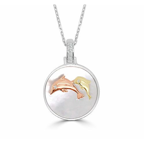 White Mother of Pearl & Diamond  Happy  Double Dolphins Pendant