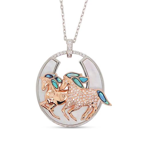 White & Pink Gold and Diamond Double Stallion Horse White Mother of Pearl and Abalone Pendant