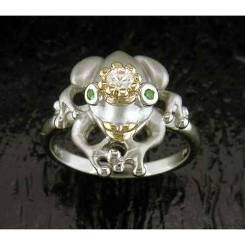 White Sapphire Prince Frog Ring - Sterling Silver and 14K Gold  - SD-SGR215W