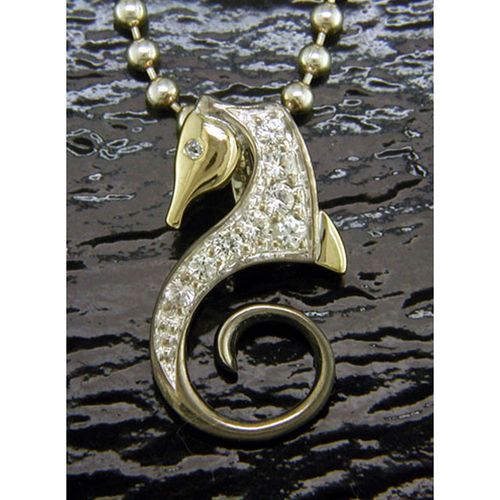 White Sapphire Small Sea Horse Pendant - Sterling Silver and 14K Gold  - SD-SGP612W