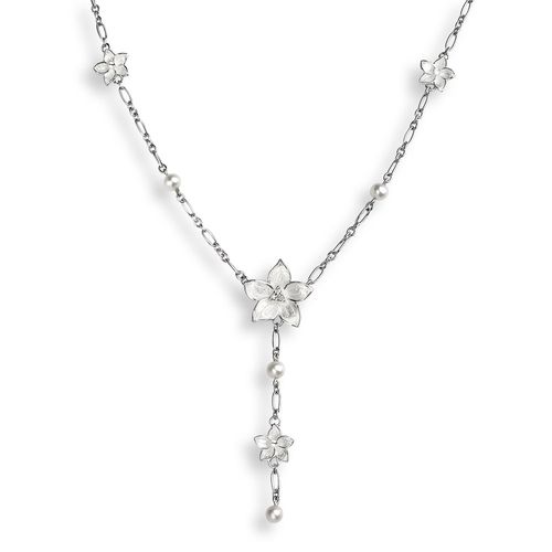 White Stephanotis Necklace Sterling Silver-Freshwater Pearl and White Sapphire - NN0216YA