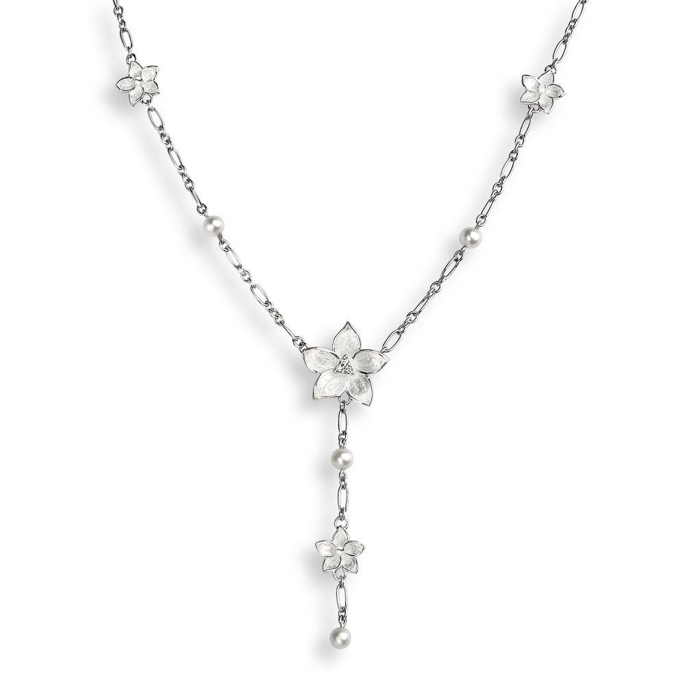 White Stephanotis Necklace Sterling Silver-Freshwater Pearl and White Sapphire - NN0216YA