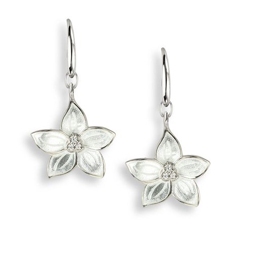 White Stephanotis Wire Earrings Sterling Silver-White Sapphires - NW0211YA