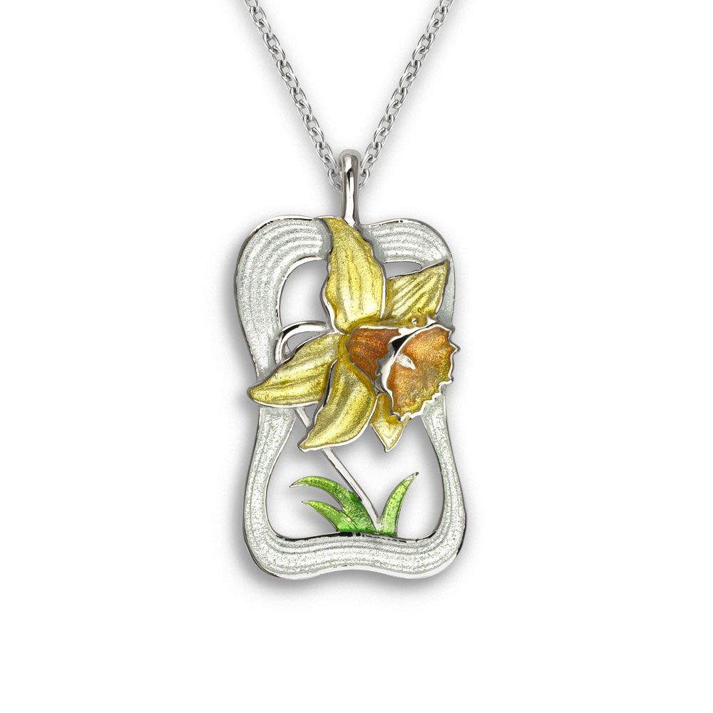 Yellow Daffodil Necklace in Sterling Silver with Vitreous Enamel. Adjustable 18 inch Chain included. Rhodium Plated - NN0439A