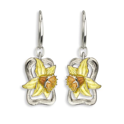 Yellow Daffodil Wire Earrings in Sterling Silver with Vitreous Enamel. Rhodium Plated - NW0439A