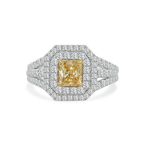 Yellow Diamond Double Halo With Triple Diamond Shank One of A Kind Ring