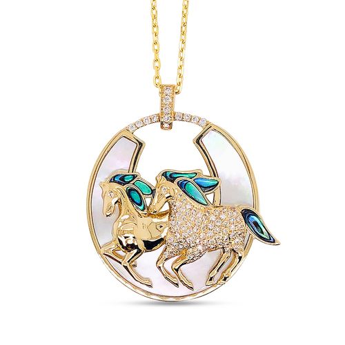 Yellow Gold and Diamond Double Stallion Horse White Mother of Pearl and Abalone Pendant