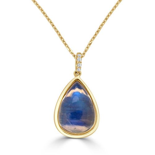 Yellow Gold Pear Shape Cabochon Moonstone and Diamond Pendant
