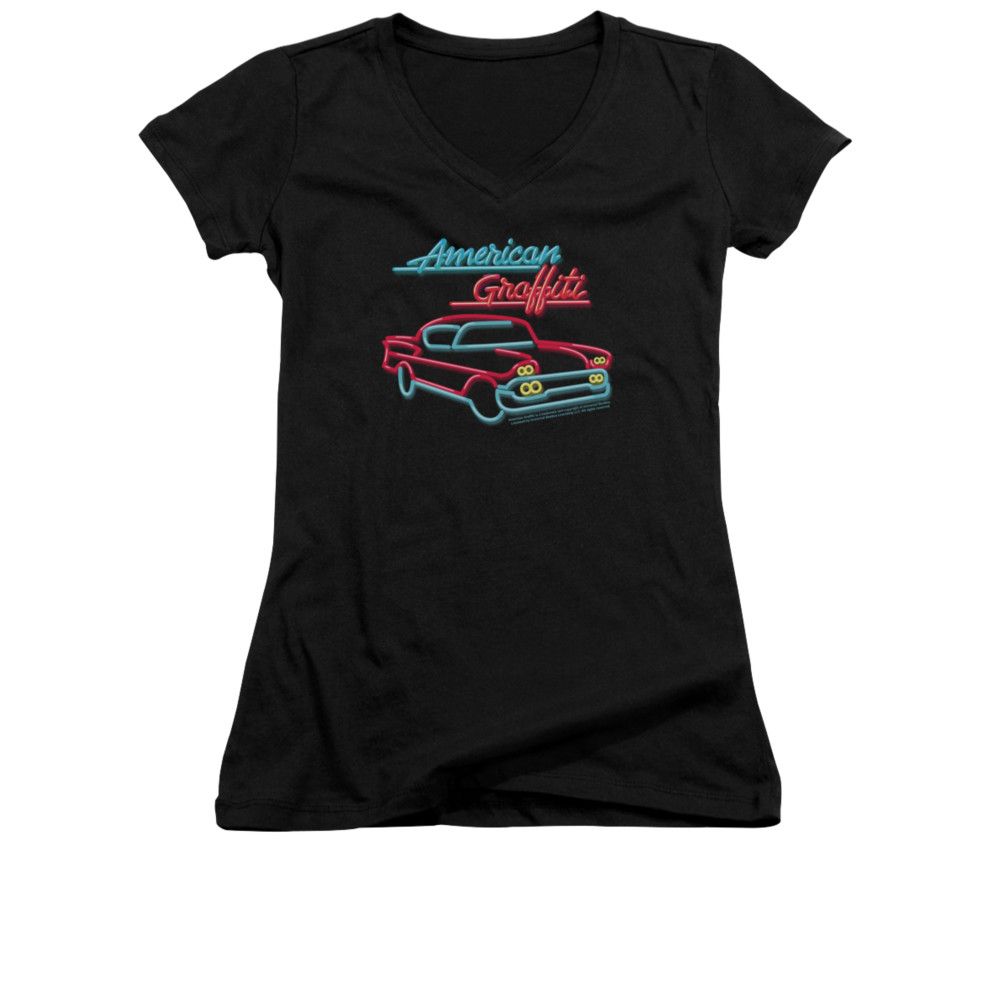 American Graffiti Shirt Juniors V Neck Neon Black Tee TShirt American Graffiti Neon Shirts