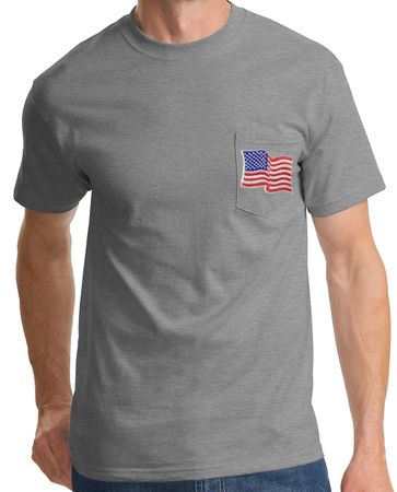 Patriotic American Shirt USA Waving Flag Embroidered Patch Pocket Print Heather