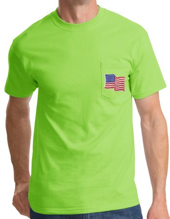 Patriotic American T-Shirt USA Waving Flag Embroidered Patch Pocket Lime Green