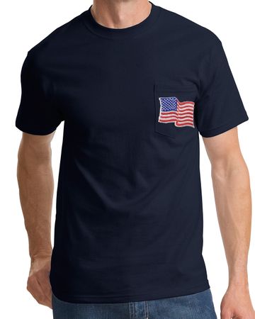 Patriotic American T-Shirt USA Waving Flag Embroidered Patch Pocket Navy Blue