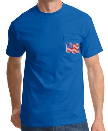 American Patriotic T-Shirt  USA Waving Flag Embroidered Patch Pocket Royal
