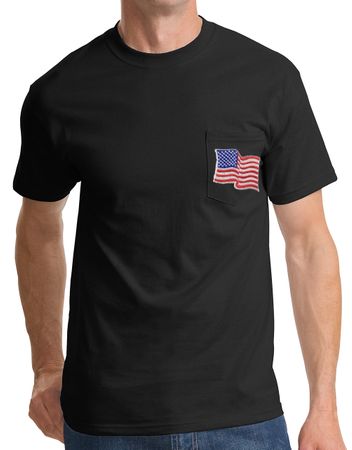 American Patriotic T-Shirt USA Waving Flag Embroidered Patch Pocket Tee Black