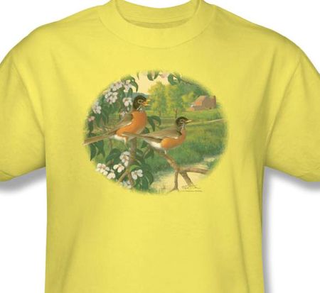 Apple Blossom Robins Adult Shirt - Yellow Wildlife Tee