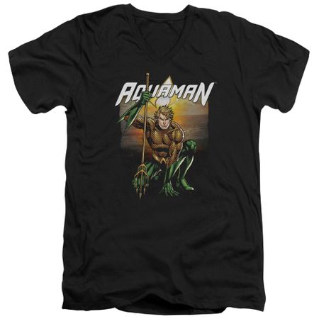 Aquaman Slim Fit V-Neck Shirt Beach Sunset Black T-Shirt
