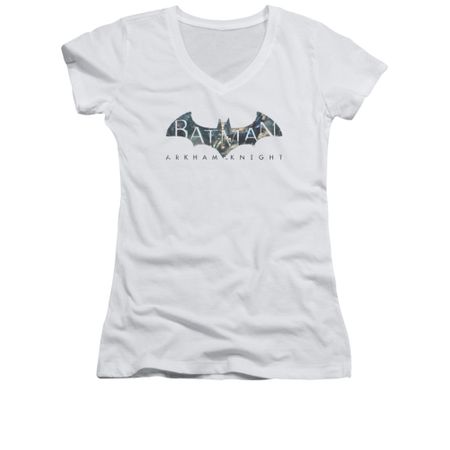 Arkham Knight Shirt Juniors V Neck Descending Logo White T-Shirt