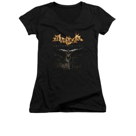 Arkham Knight Shirt Juniors V Neck Flaming Logo Black T-Shirt