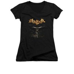 Arkham Knight Shirt Juniors V Neck Flaming Logo Black T-Shirt