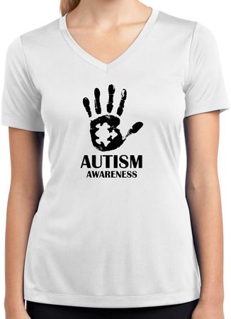 Autism Awareness Hand Ladies Dry Wicking V-Neck
