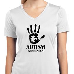 Autism Awareness Hand Ladies Dry Wicking V-Neck