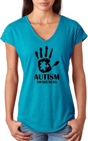 Autism Awareness Hand Ladies Tri Blend V-neck