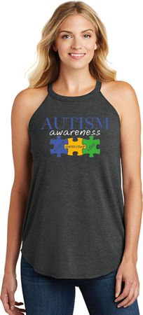 Autism Awareness Puzzle Pieces Ladies Tri Rocker Tank Top