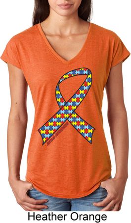 Autism Awareness Ribbon Ladies Tri Blend V-Neck Shirt