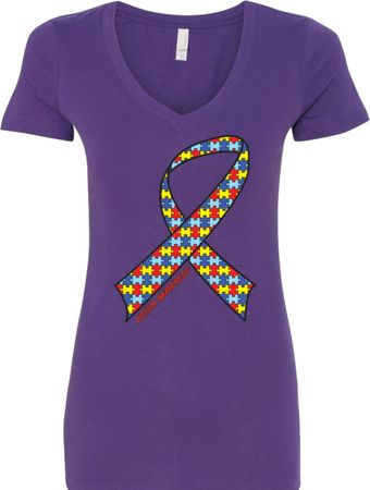 Autism Awareness Ribbon Ladies V-Neck