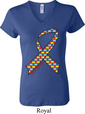 Autism Awareness Ribbon Ladies V-neck Shirt