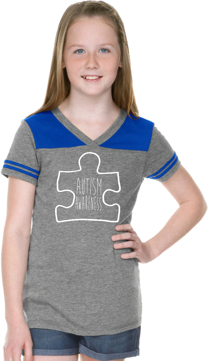 Autism Awareness White Puzzle Girls Football Tee Autism Awareness