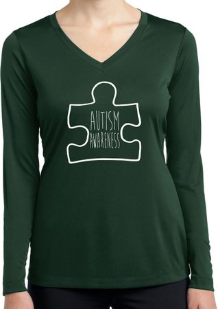 Autism Awareness White Puzzle Ladies Dry Wicking Long Sleeve