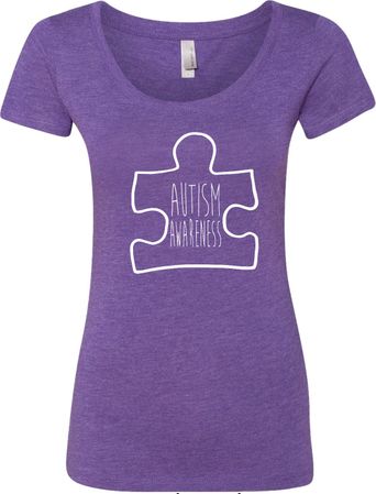 Autism Awareness White Puzzle Ladies Scoop Neck