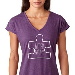 Autism Awareness White Puzzle Ladies Tri Blend V-neck Autism Awareness White Puzzle Ladies Tri Blend V-neck