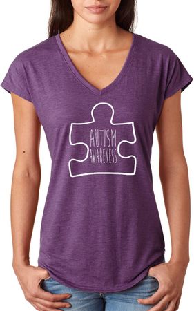 Autism Awareness White Puzzle Ladies Tri Blend V-neck