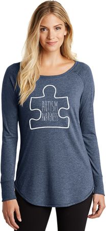 Autism Awareness White Puzzle Ladies Tri Long Sleeve