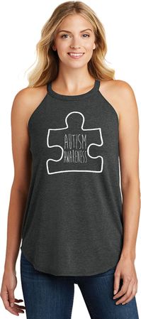 Autism Awareness White Puzzle Ladies Tri Rocker Tank Top