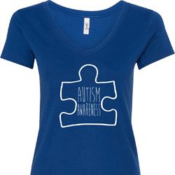 Autism Awareness White Puzzle Ladies V-Neck Autism Awareness White Puzzle Ladies V-Neck