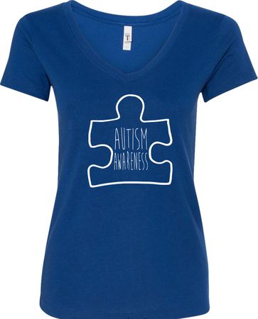 Autism Awareness White Puzzle Ladies V-Neck