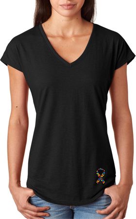 Autism Ribbon Bottom Print Ladies Tri Blend V-neck
